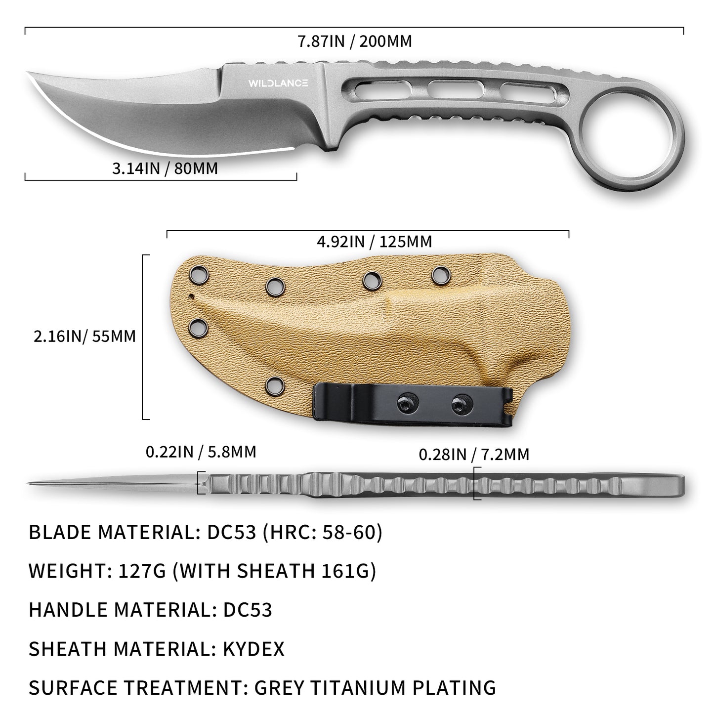Caelus | Full Tang DC53 Blade | Titanium PVD Finish | Kydex Sheath | IB-05