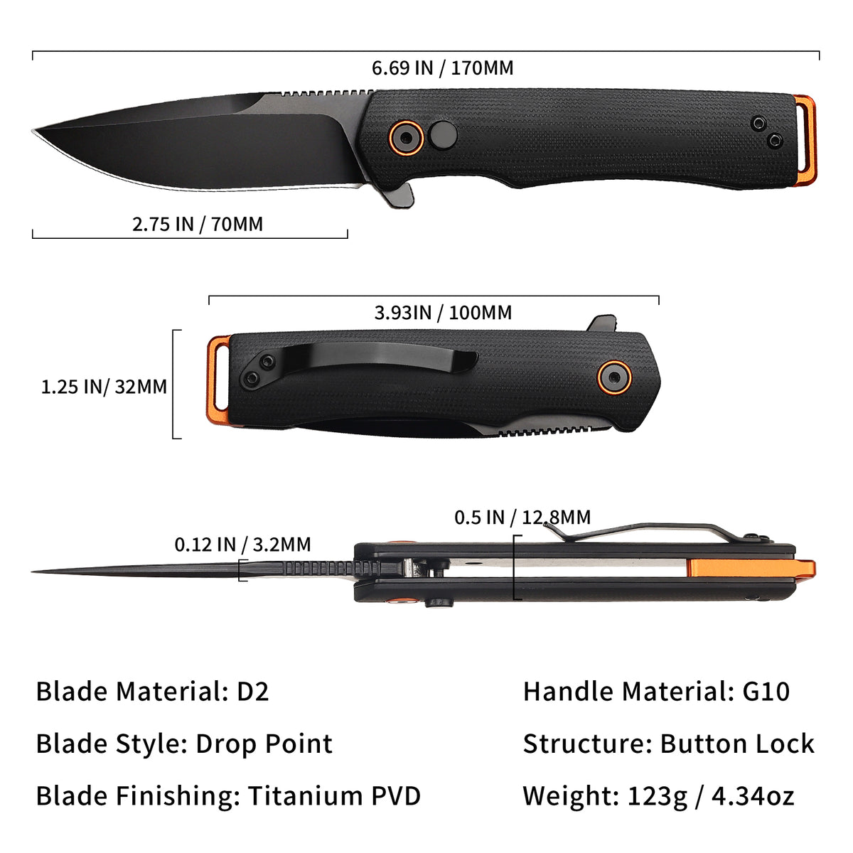 Vesta | Button Lock | D2 Blade & G10 Handle | VE-01