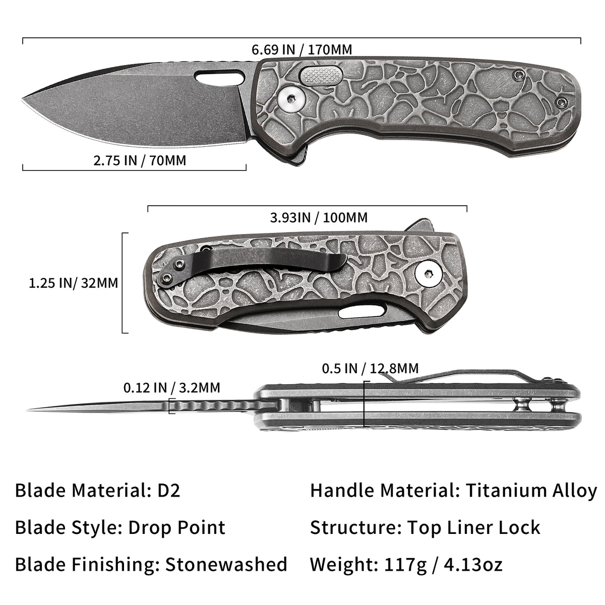 Pallas | Top Liner Lock | D2 Blade & Stonewashed Titanium Handle | PA-02