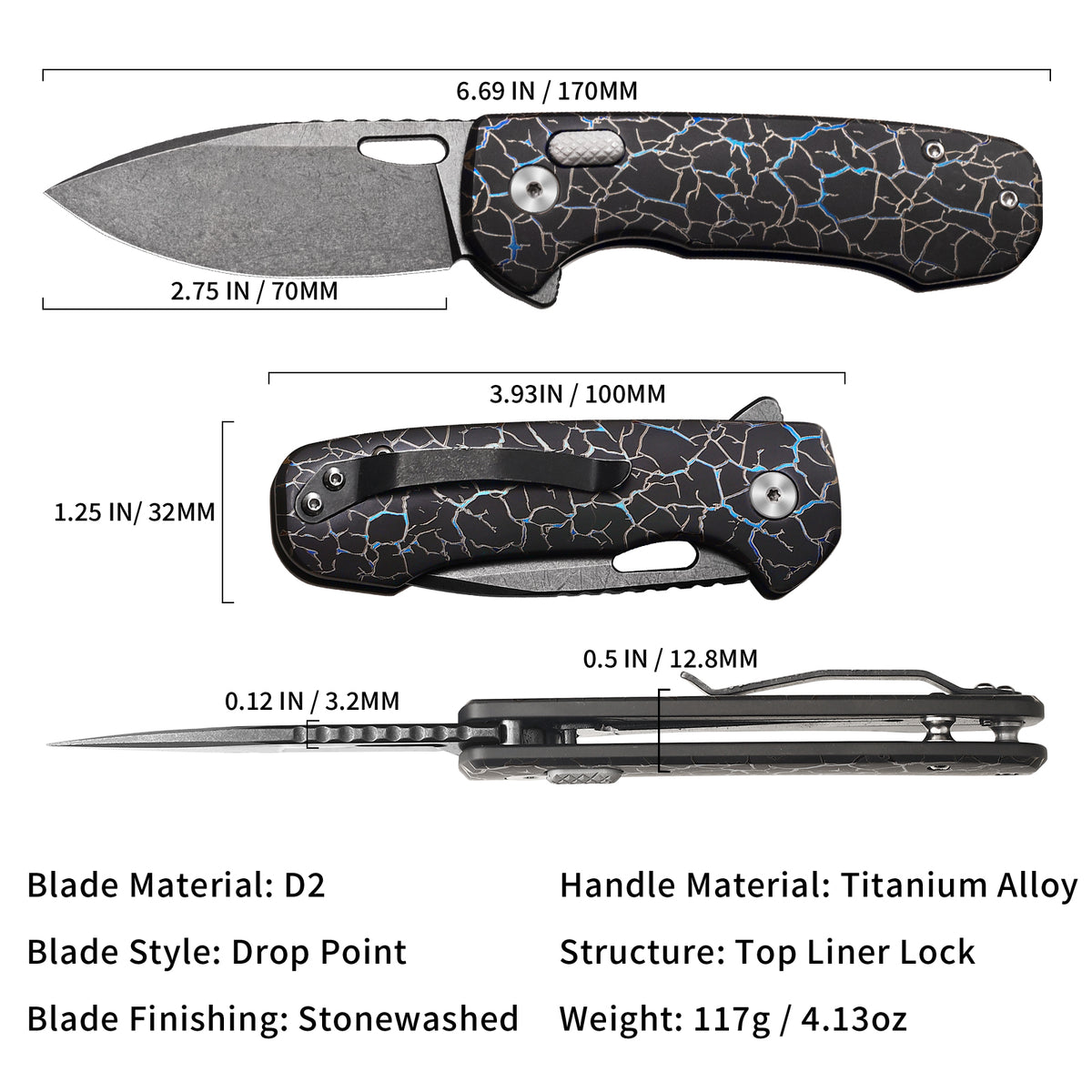 Pallas | Top Liner Lock | D2 Blade & Cracked Ice Titanium Handle | PA-03