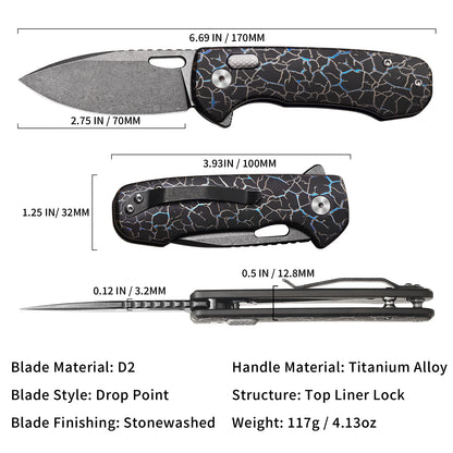 Pallas | Top Liner Lock | D2 Blade & Cracked Ice Titanium Handle | PA-03
