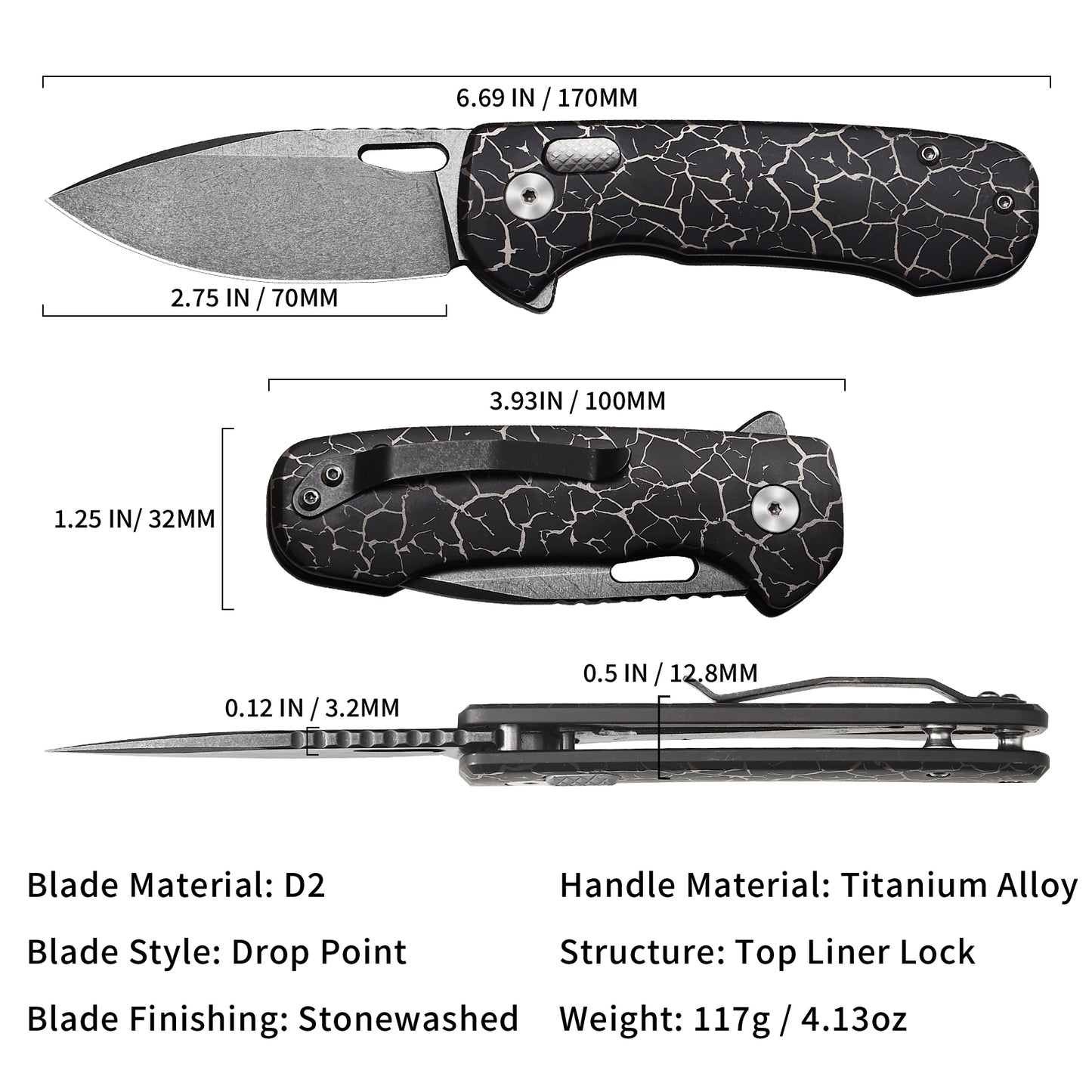 Pallas | Top Liner Lock | D2 Blade & Cracked Ice Titanium Handle | PA-04