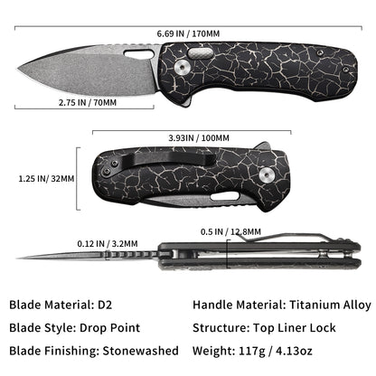 Pallas | Top Liner Lock | D2 Blade & Cracked Ice Titanium Handle | PA-04