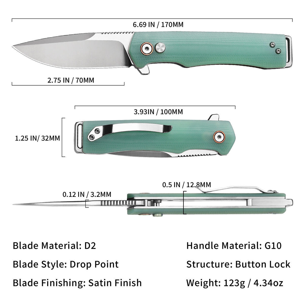 Vesta | Button Lock | D2 Blade & G10 Handle | VE-02