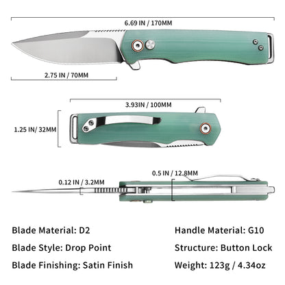 Vesta | Button Lock | D2 Blade & G10 Handle | VE-02