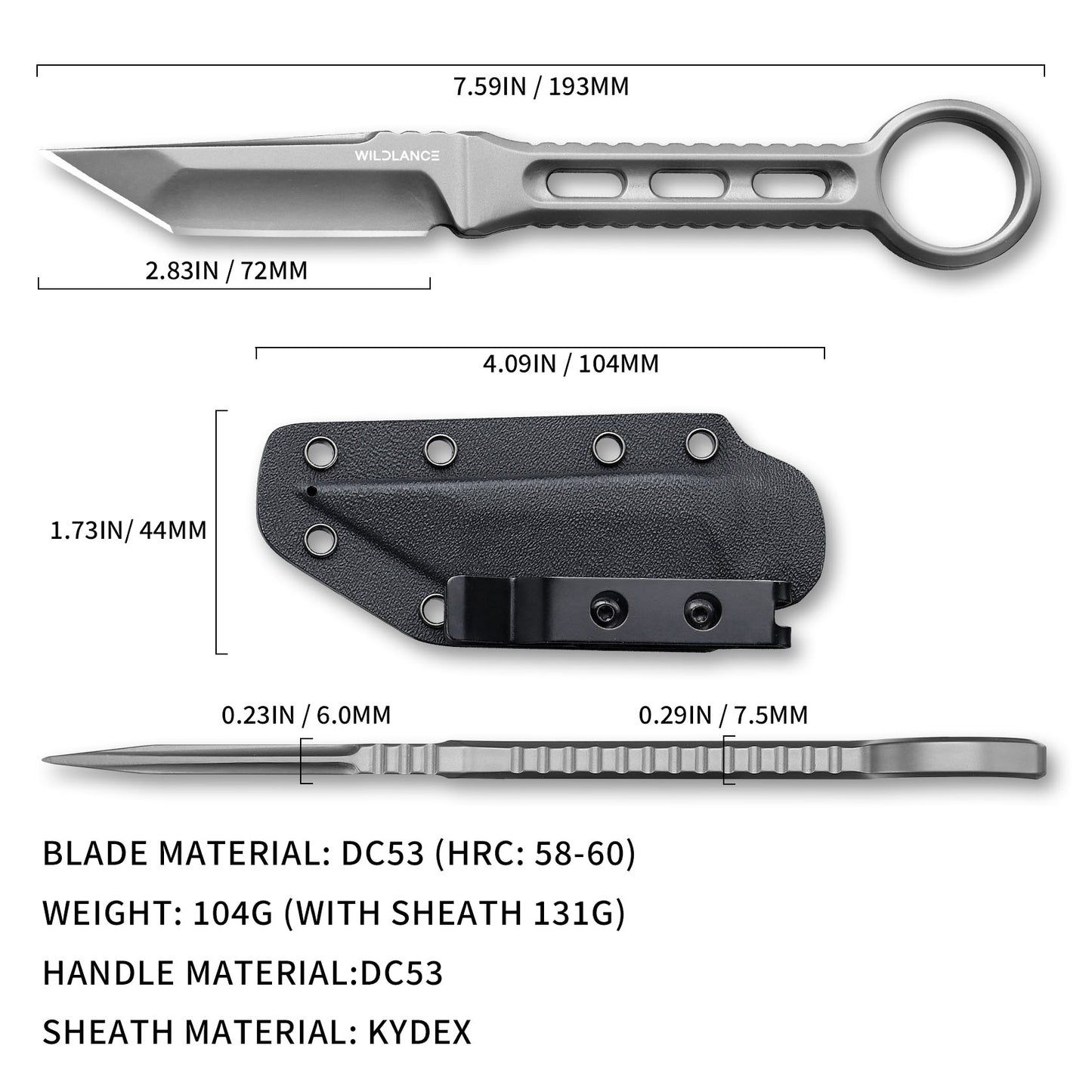 Silex | Full Tang DC53 Blade | Titanium PVD Finish | Kydex Sheath | BS-02