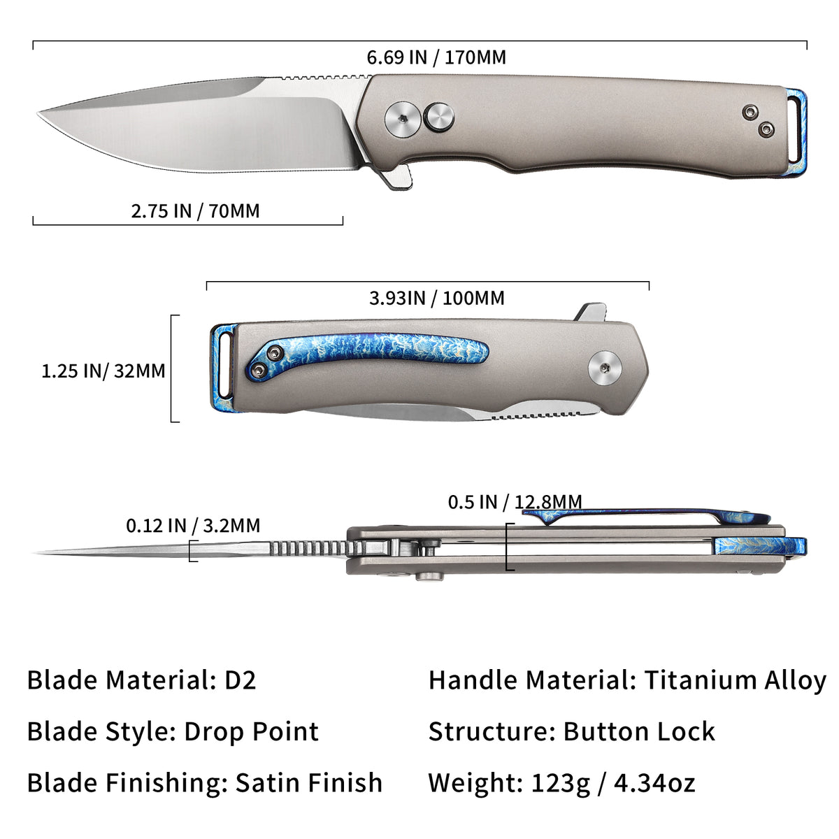 Vesta | Button Lock | D2 Blade & Titanium Handle | VE-03