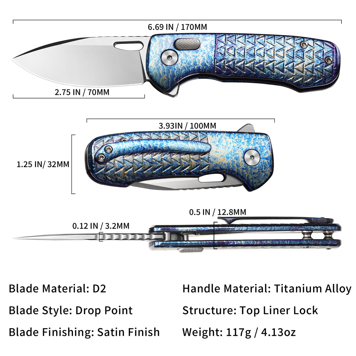 Pallas | Top Liner Lock | D2 Blade & Flamed Titanium Handle | PA-01