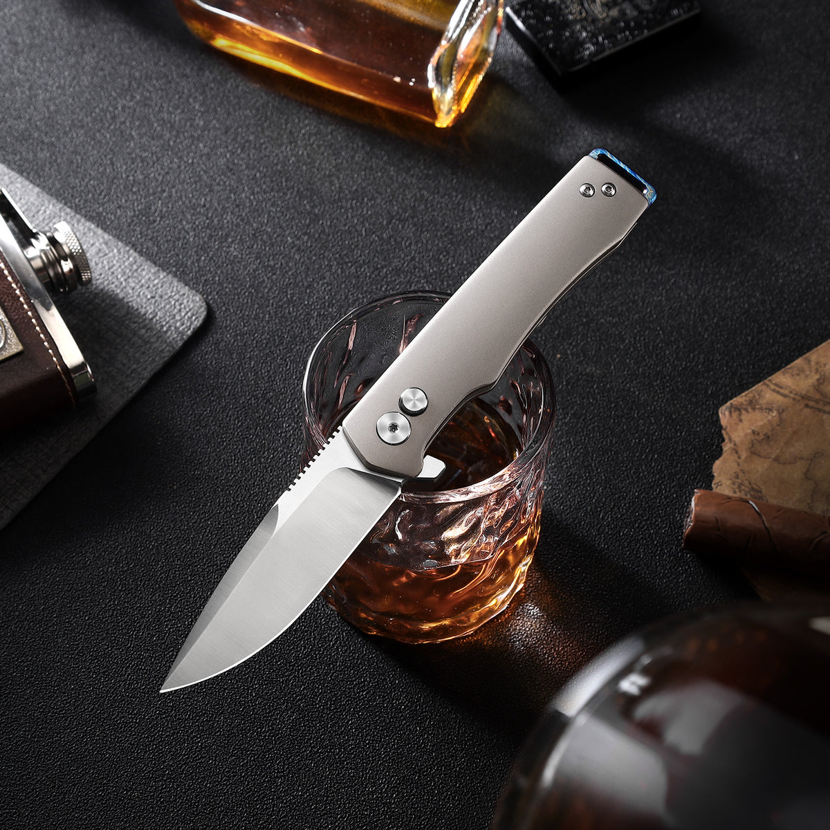 Vesta | Button Lock | D2 Blade & Titanium Handle | VE-03