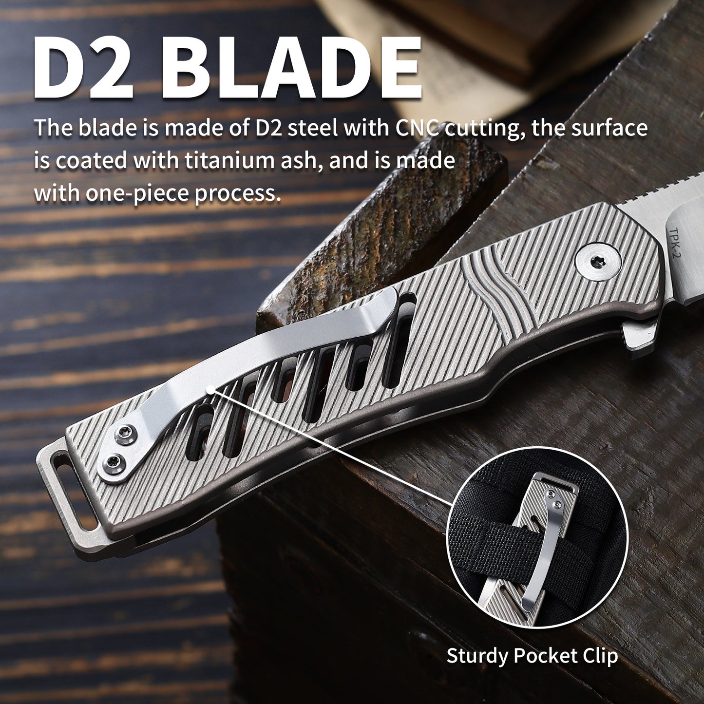 Ti-Crest | Button Lock | D2 Blade & Titanium Handle | TPK-02