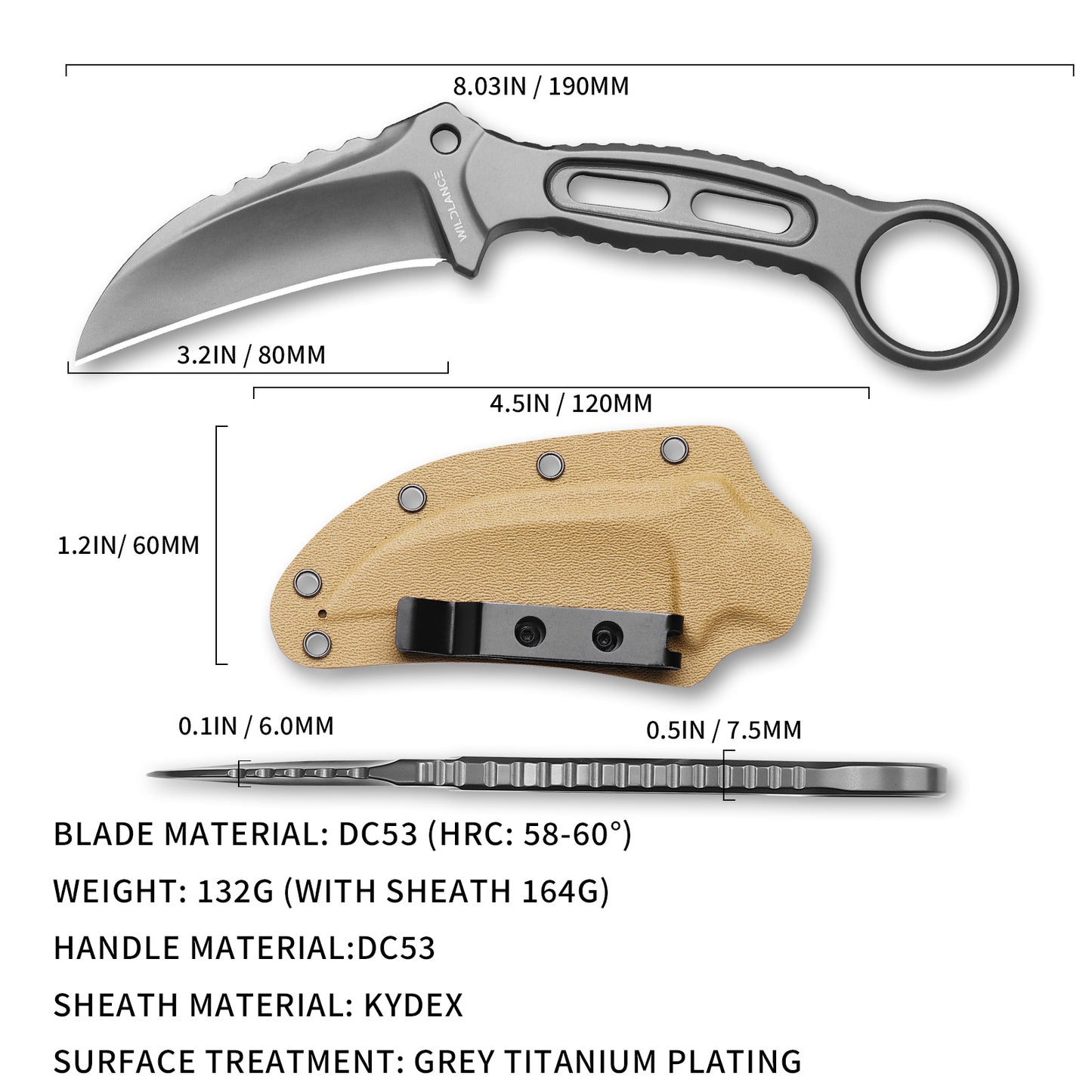 Talon | Full Tang DC53 Blade | Titanium PVD Finish | Kydex Sheath | IB-03